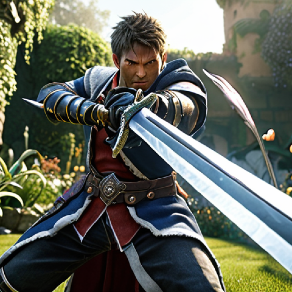 ** A dealer class character in "Dream Garden" wielding a high-damage sword, swiftly defeating enemies. Focus on action and power.

**