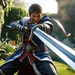 ** A dealer class character in "Dream Garden" wielding a high-damage sword, swiftly defeating enemies. Focus on action and power.

**