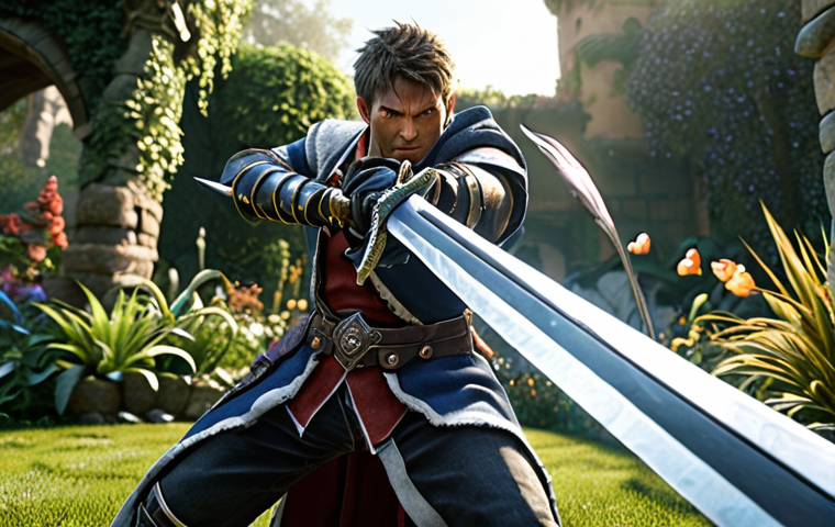 ** A dealer class character in "Dream Garden" wielding a high-damage sword, swiftly defeating enemies. Focus on action and power.
**